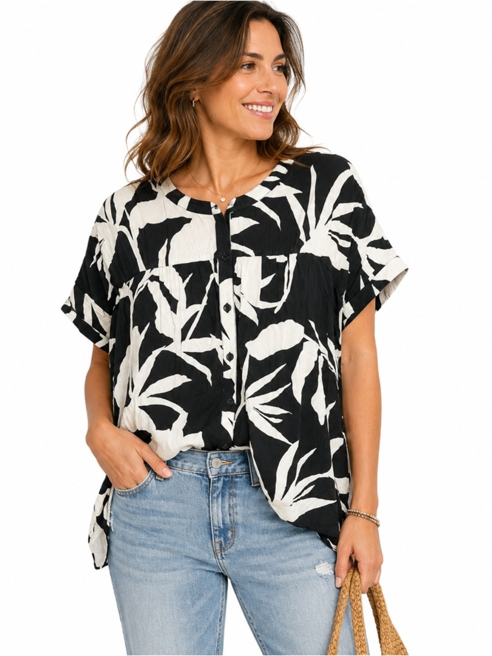 Rose & Olive Tropical Rayon Popover Blouse Leaf Print Relaxed 1X Black White